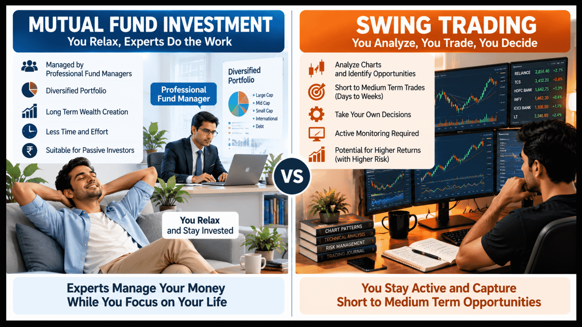 Swing trading vs mutual fund investment comparison of active trader and fund manager