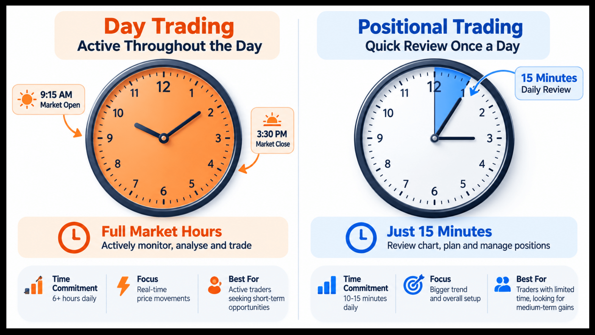 Positional trading vs day trading comparison chart showing time, capital, and risk differences