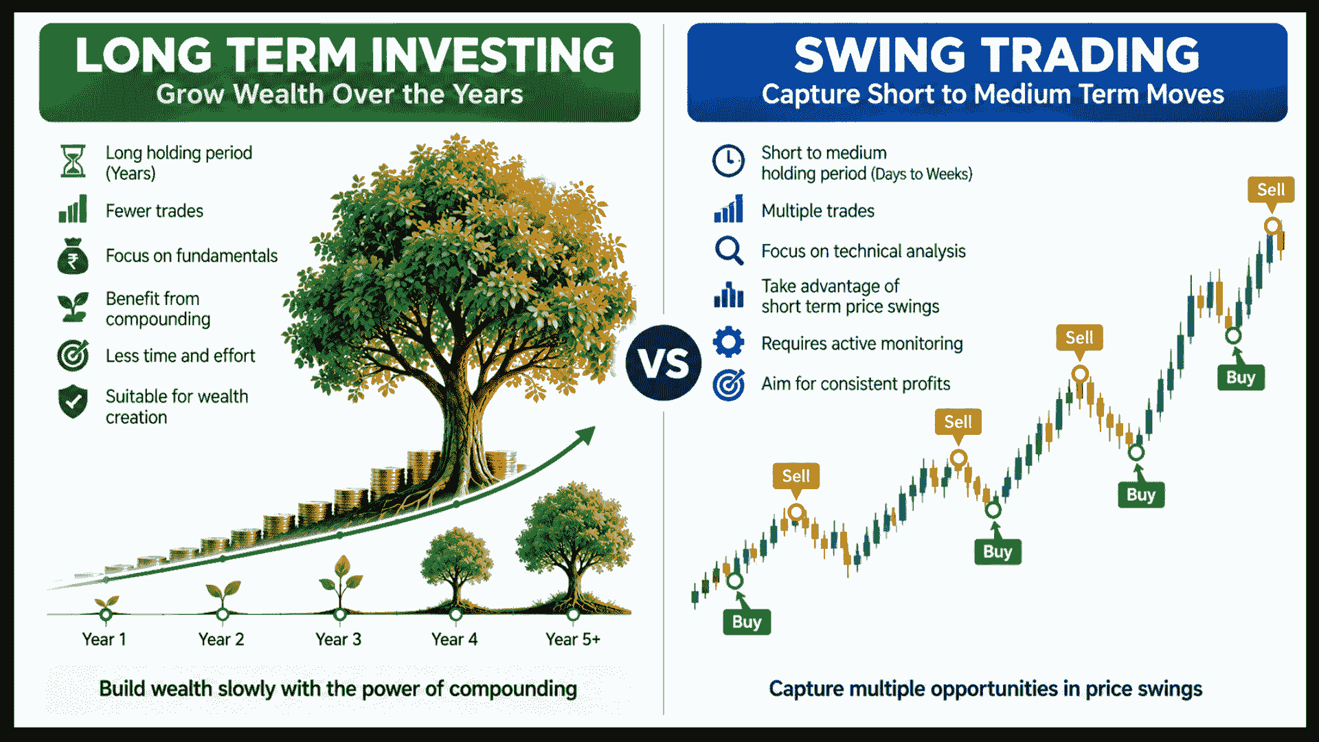 swing trading vs long term investing comparison illustration