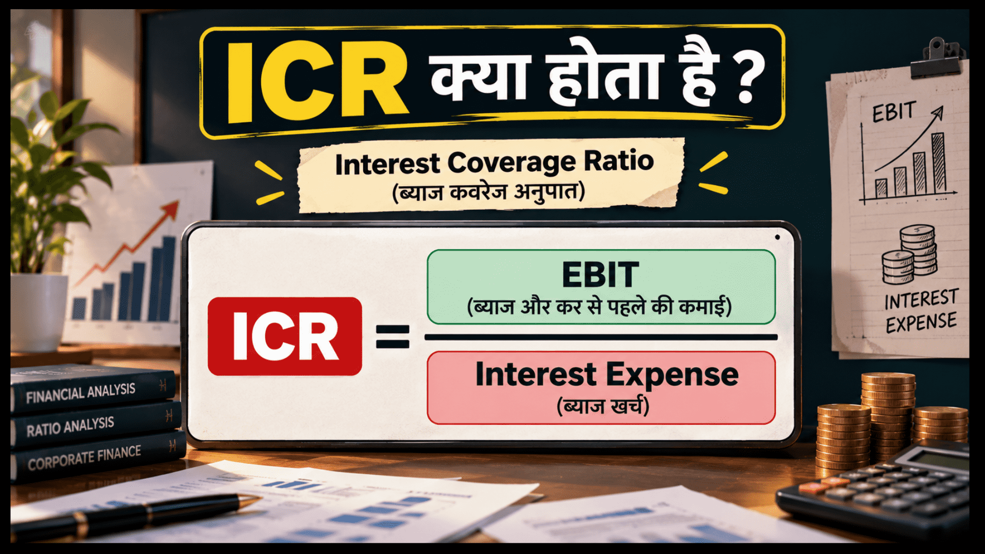 इंटरेस्ट कवरेज रेशियो (Interest Coverage Ratio) क्या है, इसका फॉर्मूला (EBIT ÷ Interest Expense) और वित्तीय सेहत को समझने का आसान तरीका।
