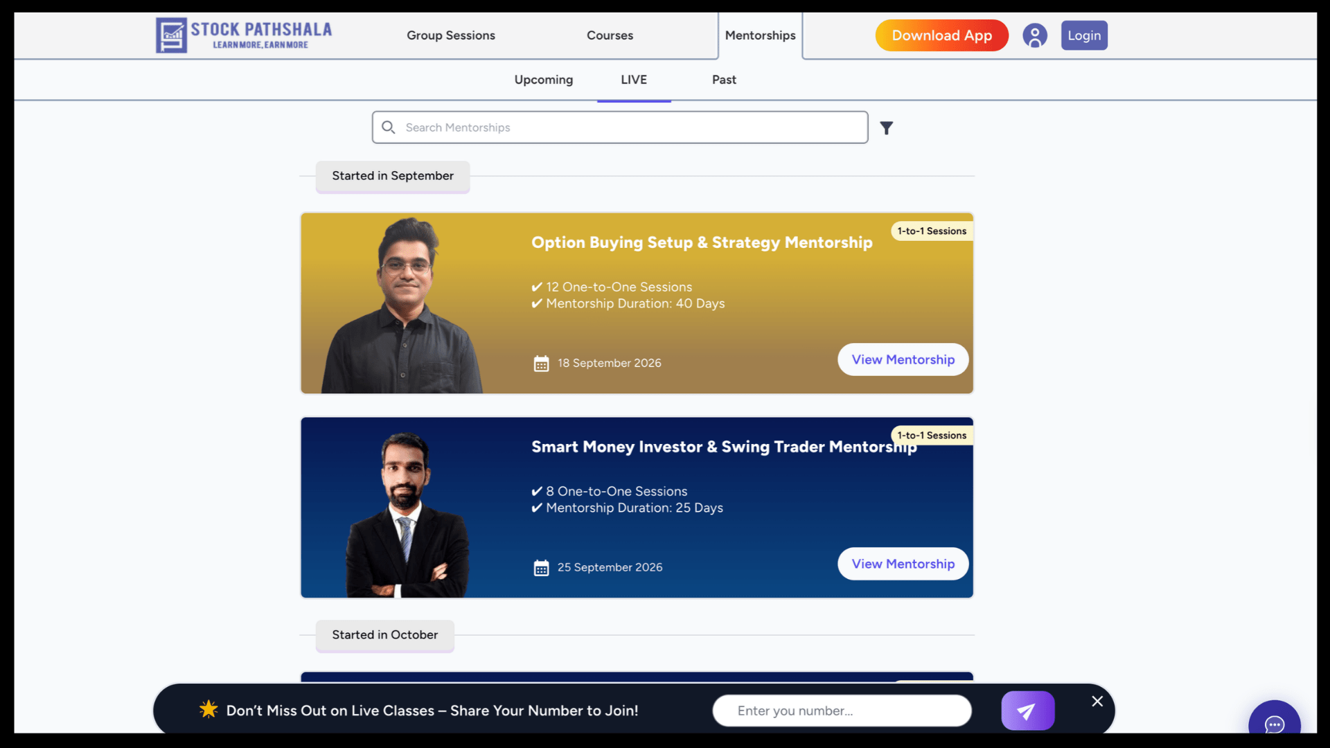 स्टॉक पाठशाला वेबसाइट का मेंटरशिप पेज, जिसमें 'Option Buying Setup & Strategy Mentorship' और 'Smart Money Investor & Swing Trader Mentorship' के विकल्प दिखाई दे रहे हैं।