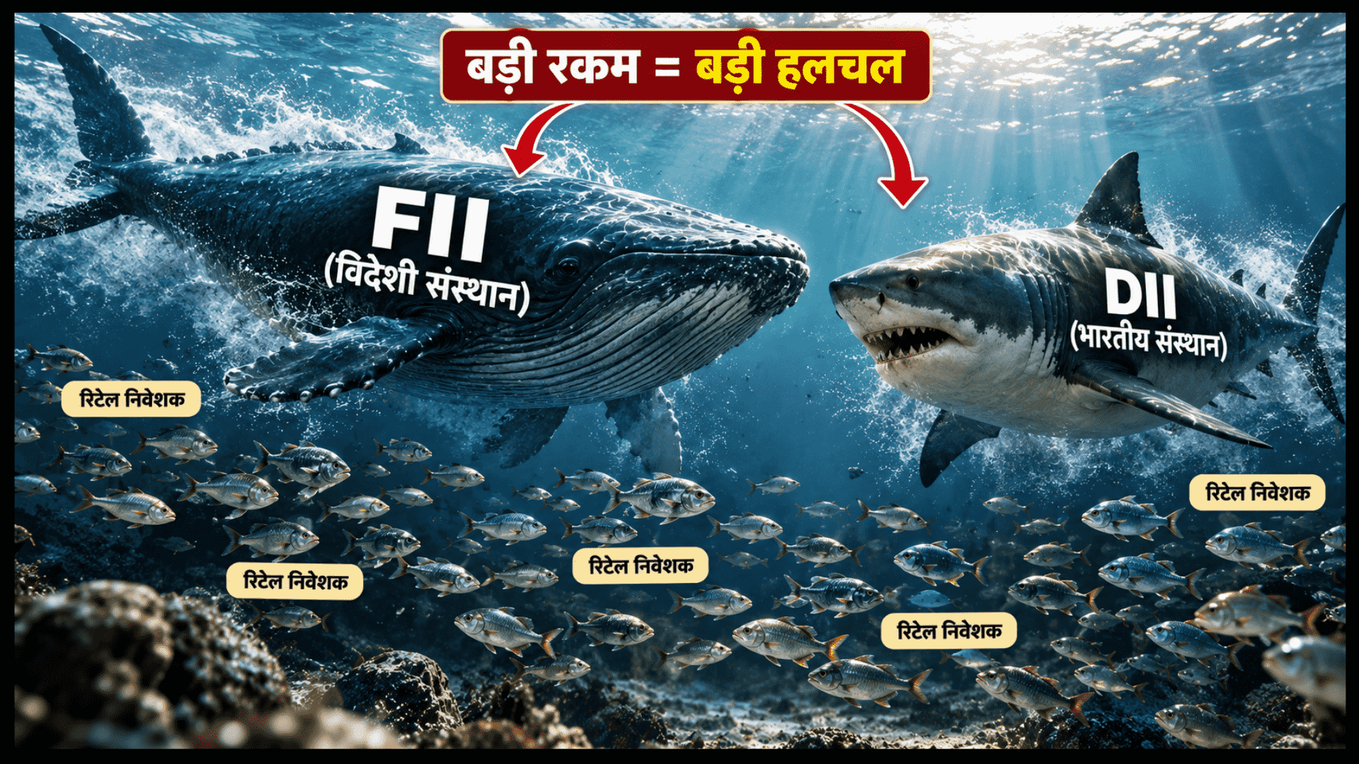 शेयर बाजार में FII (विदेशी संस्थागत निवेशक) को बड़ी व्हेल मछली के रूप में और DII (भारतीय संस्थागत निवेशक) को शार्क के रूप में दिखाया गया है, जबकि छोटे खुदरा निवेशकों (Retail Investors) को छोटी मछलियों के रूप में दर्शाया गया है।