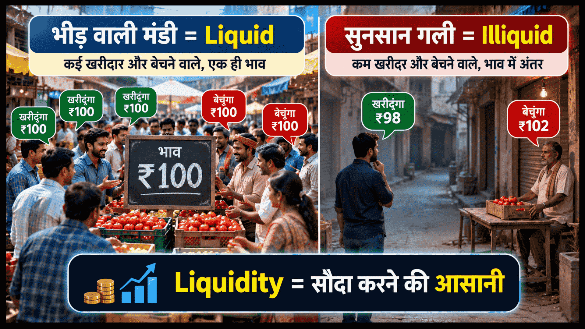 शेयर बाजार में Liquid और Illiquid शेयर का अंतर समझाने वाला इन्फोग्राफिक