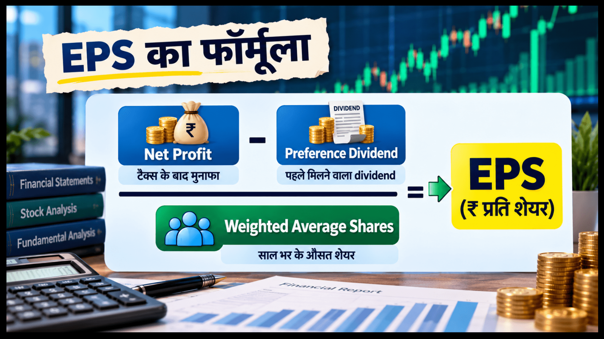 EPS का फार्मूला और कैलकुलेशन चार्ट जिसमें नेट प्रॉफिट, प्रेफरेंस डिविडेंड और वेटेड एवरेज शेयर्स को समझाया गया है।