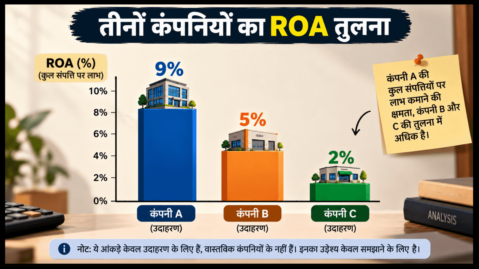 तुलना तालिका और बार ग्राफ जो विभिन्न कंपनियों के रिटर्न ऑन एसेट्स (ROA) और संपत्ति के उपयोग को दर्शाते हैं।