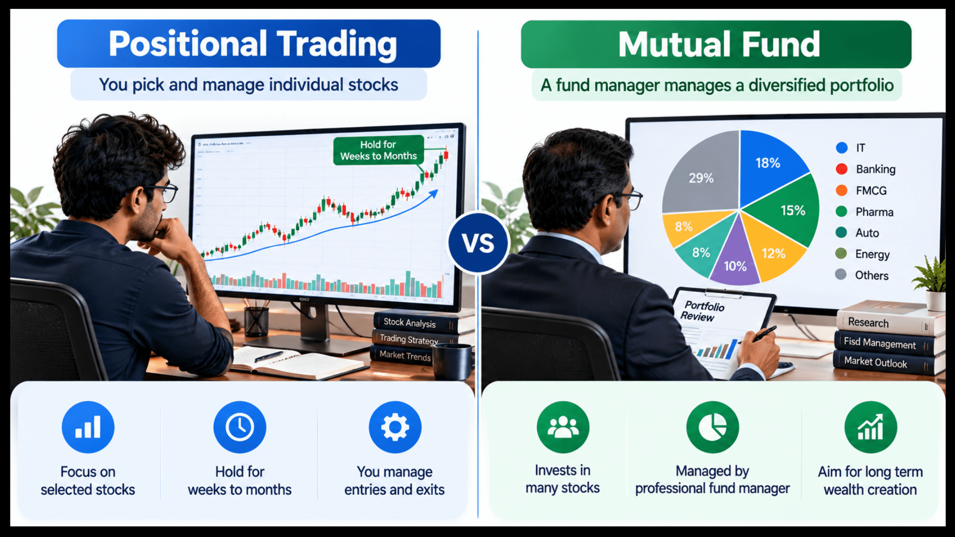 Infographic comparing positional trading vs mutual fund investment, highlighting active stock selection versus managed diversified portfolios.