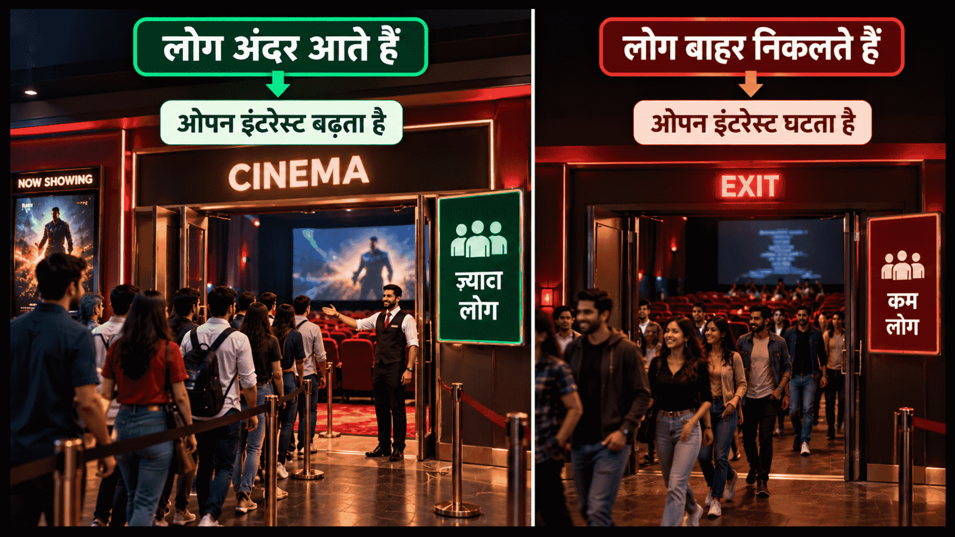 लॉन्ग अनवाइंडिंग (Long Unwinding) और ओपन इंटरेस्ट की अवधारणा को समझाता हुआ एक स्टॉक मार्केट चार्ट और इंफोग्राफिक।