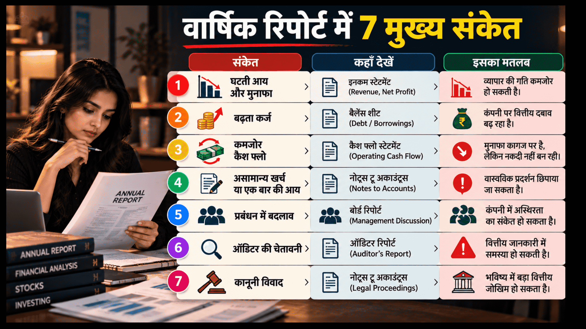 वार्षिक रिपोर्ट में 7 मुख्य संकेत दिखाता हुआ इन्फोग्राफिक, जिसमें एक महिला वित्तीय रिपोर्ट पढ़ रही है।