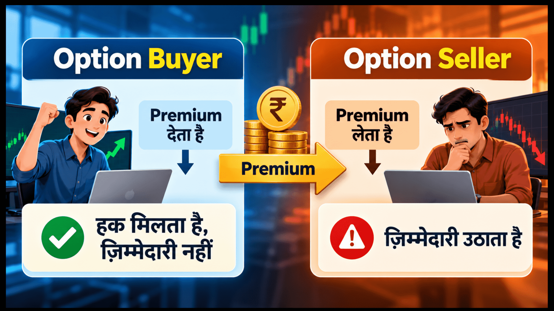 ऑप्शन बायर और ऑप्शन सेलर के बीच का अंतर, जिसमें प्रीमियम चुकाने और जिम्मेदारी उठाने को दर्शाया गया है।