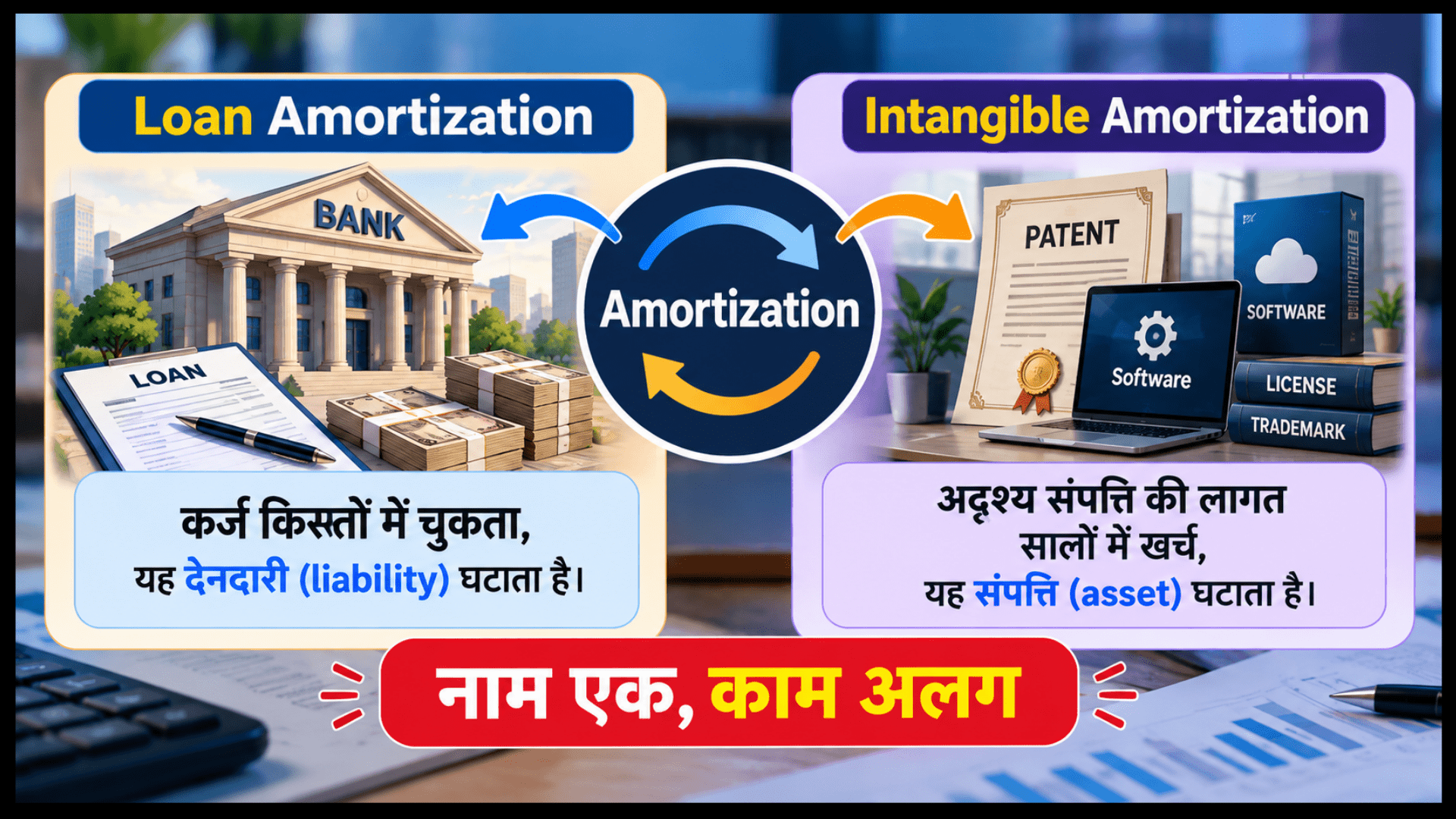अमॉर्टाइजेशन (Amortization) का अर्थ, लोन EMI शेड्यूल, और इंटैंजिबल एसेट्स का हिंदी चार्ट